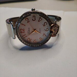 Eikon Women's Silver-Tone Quartz Watch – Rhinestone Bezel & Pave Heart Accent –